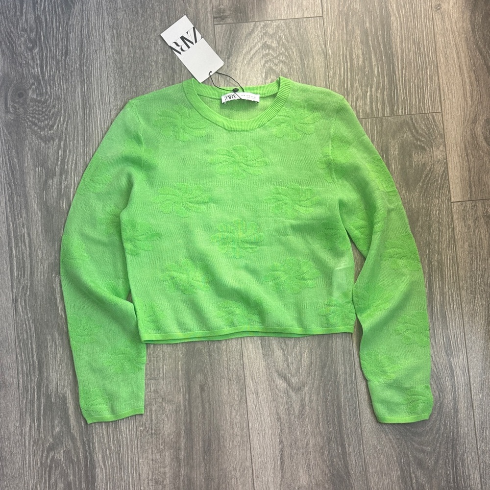 Zara Bright Green Cropped Crewneck Sweater